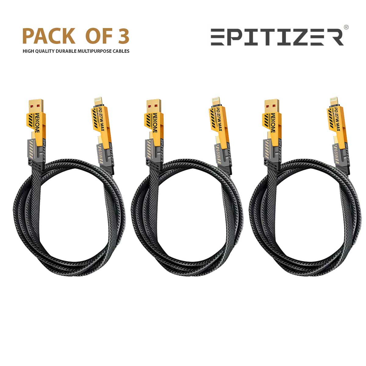 WEKOME 65W 480 Mbps Super Fast Charging Cable | 4 in 1 design USB A / Type C to Lightening / Type C | WDC-25 1.2m Tangle Free Cable