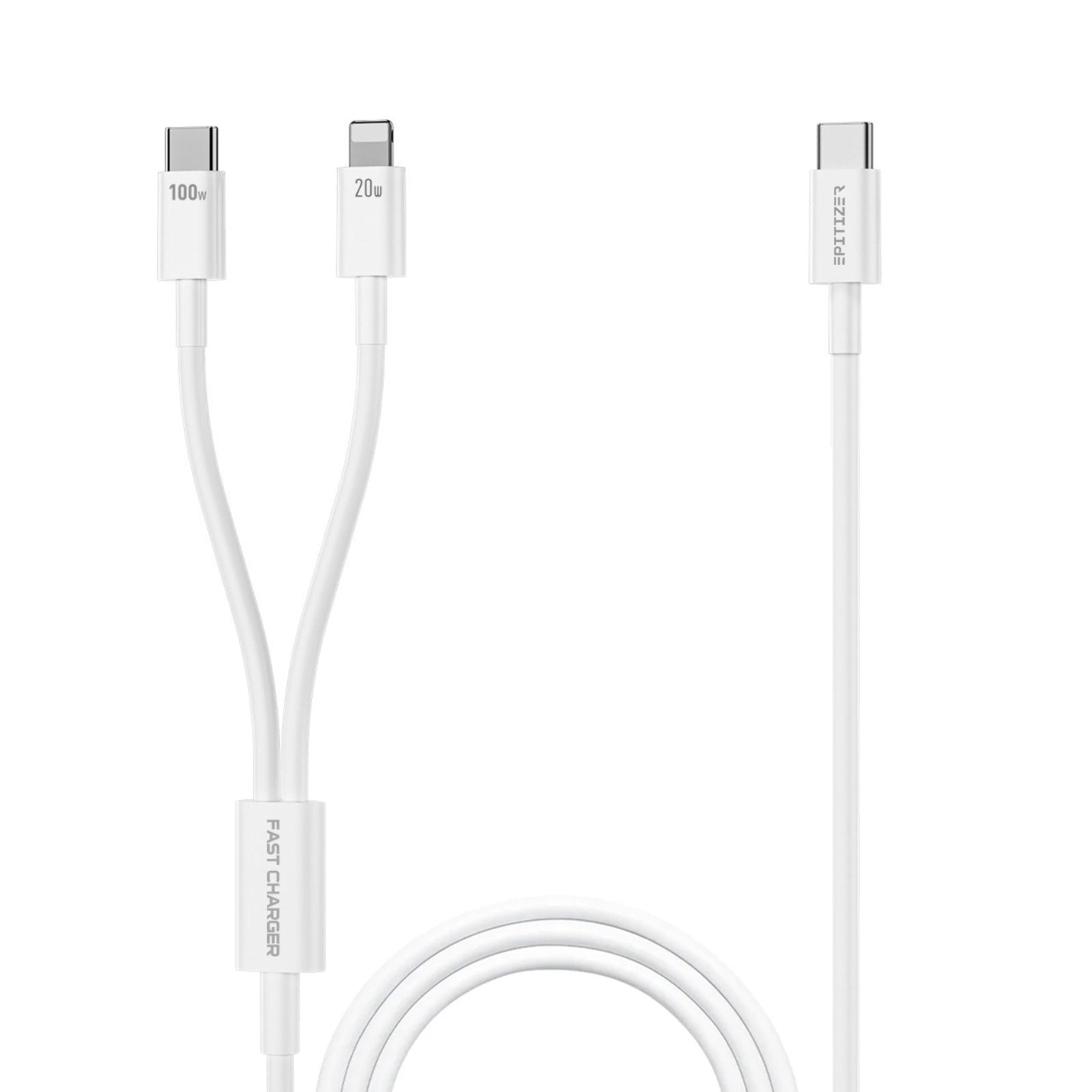 EPITIZER 2-in-1 USB-C to USB-C & USB-C to Lightning Cable, 1.2M, Fast Charging 100W/20W, Data Transfer 480Mbps, Durable PVC with Reinforced Joints, Ideal for Apple CarPlay and Android Auto