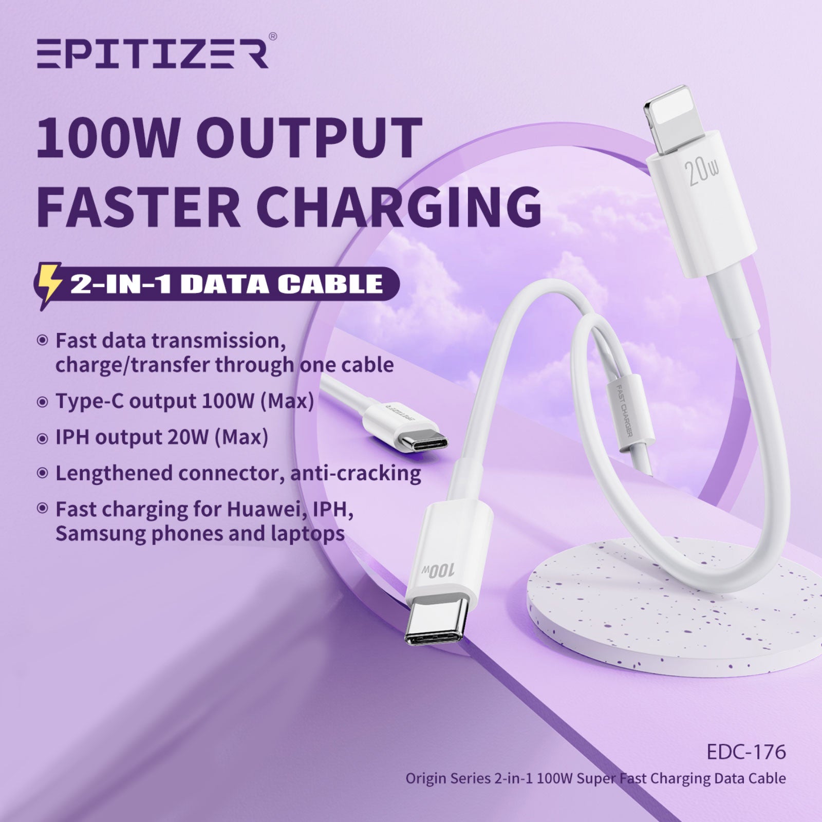 EPITIZER 2-in-1 USB-C to USB-C & USB-C to Lightning Cable, 1.2M, Fast Charging 100W/20W, Data Transfer 480Mbps, Durable PVC with Reinforced Joints, Ideal for Apple CarPlay and Android Auto