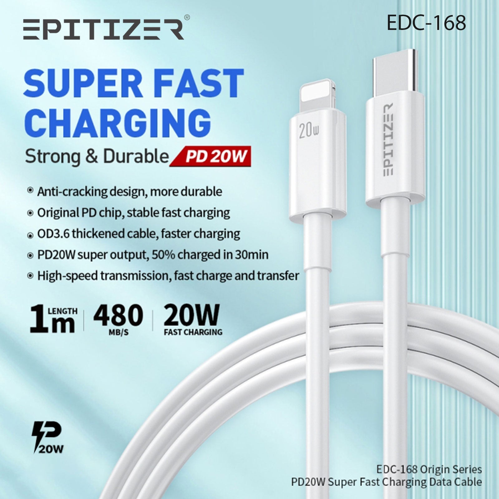 EPITIZER USB-C to Lightning Cable, 1m [Model: EDC-168], Fast Charging 20W & 480Mbps Data Transfer, Anti-Crack Design, CE/ROHS Certified – White