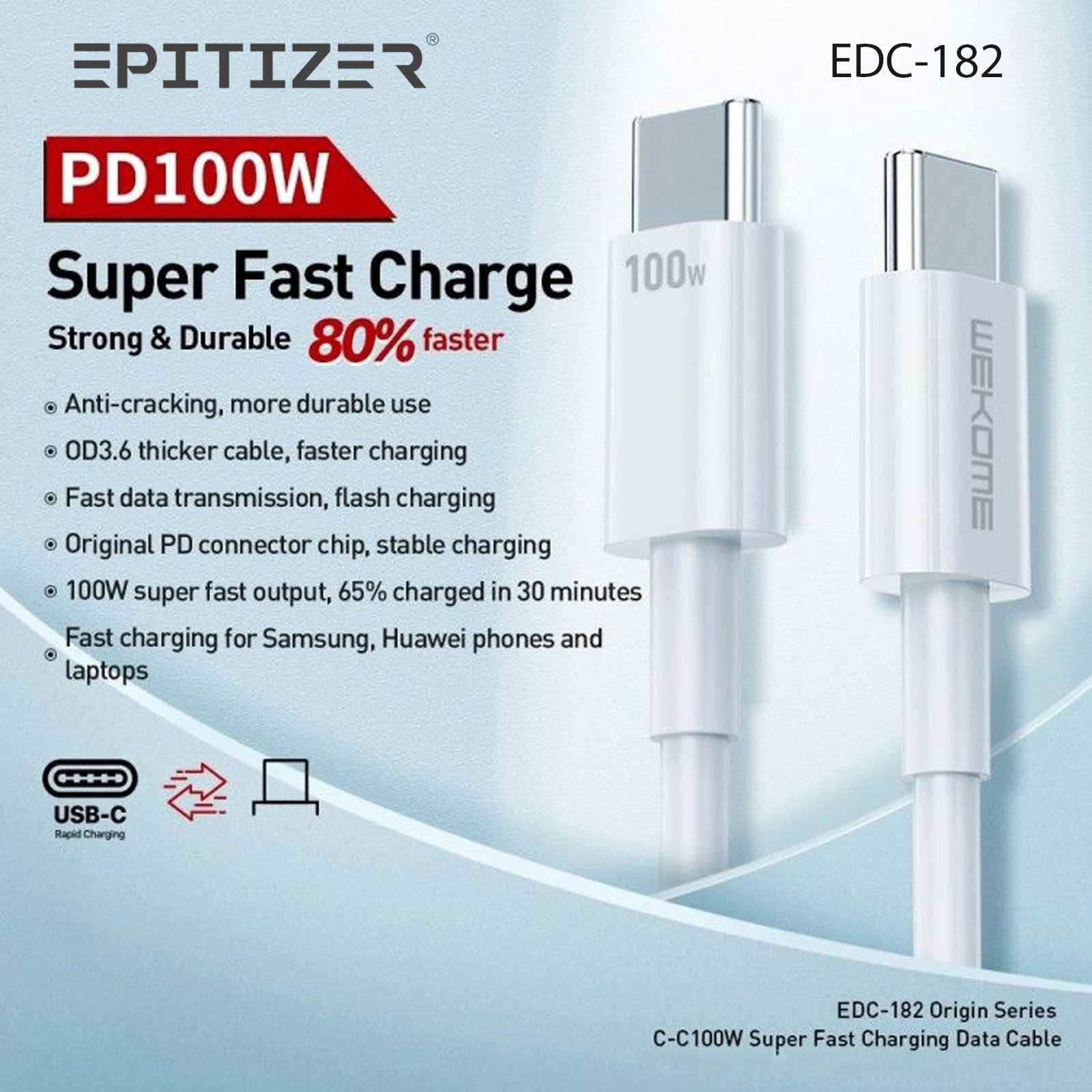 EPITIZER USB-C to USB-C Cable, 100W Fast Charging & 480Mbps Data Transfer, 1m [Model: EDC-182], Reinforced Anti-Crack Design, CE/ROHS Certified – White