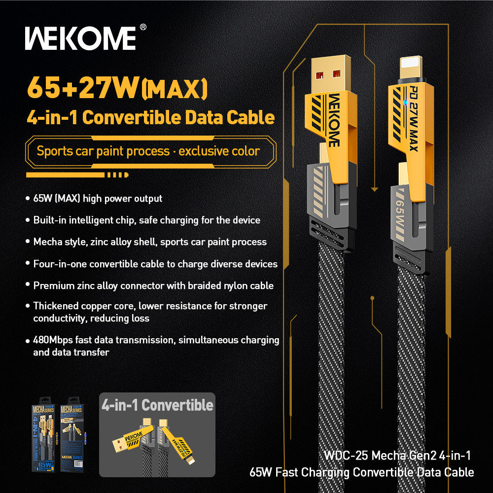 WEKOME 65W 480 Mbps Super Fast Charging Cable | 4 in 1 design USB A / Type C to Lightening / Type C | WDC-25 1.2m Tangle Free Cable